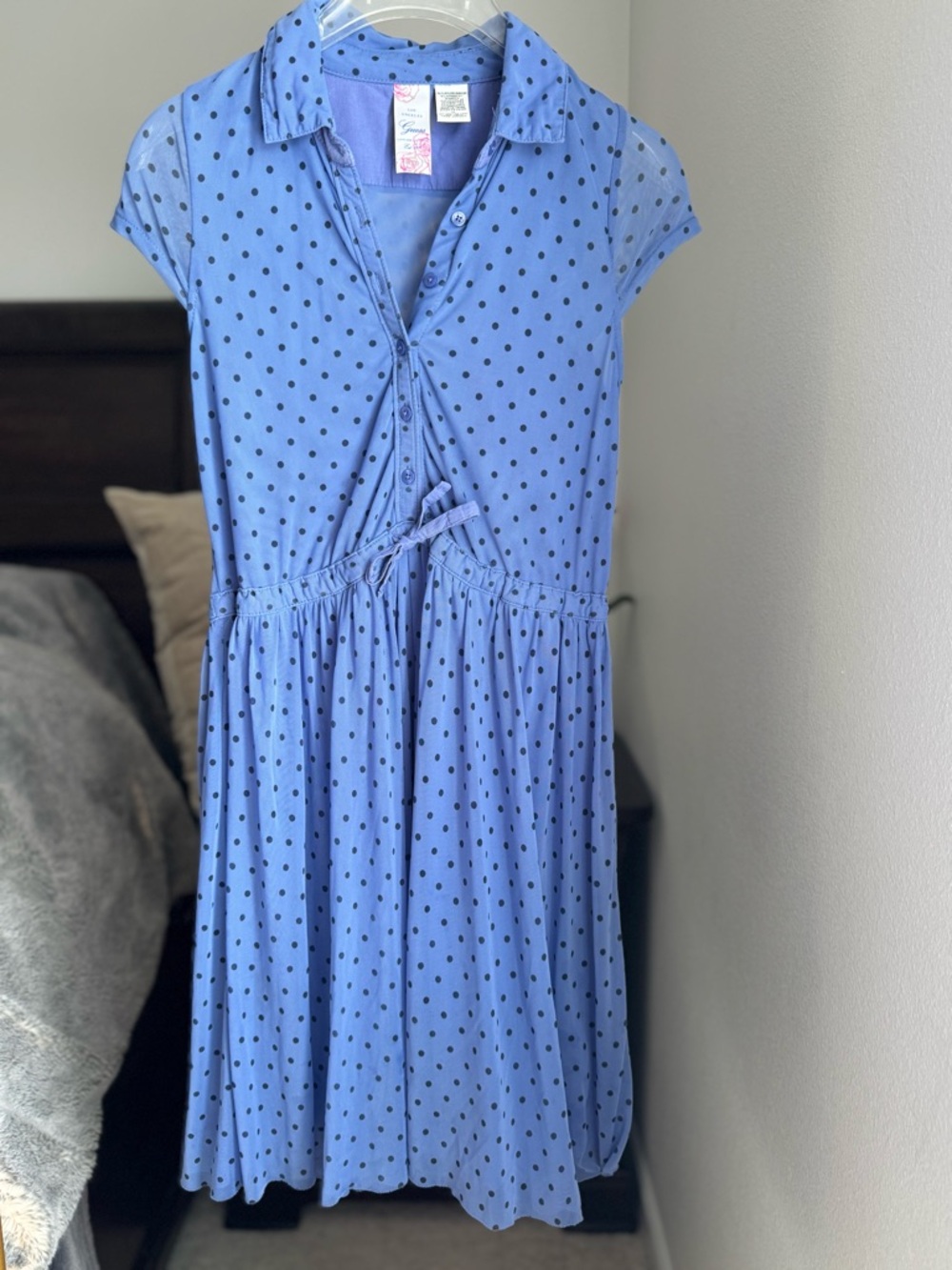Guess Mesh Blue Polka Dot Collared Button Front Dress with Cap Sleeves - Size 12